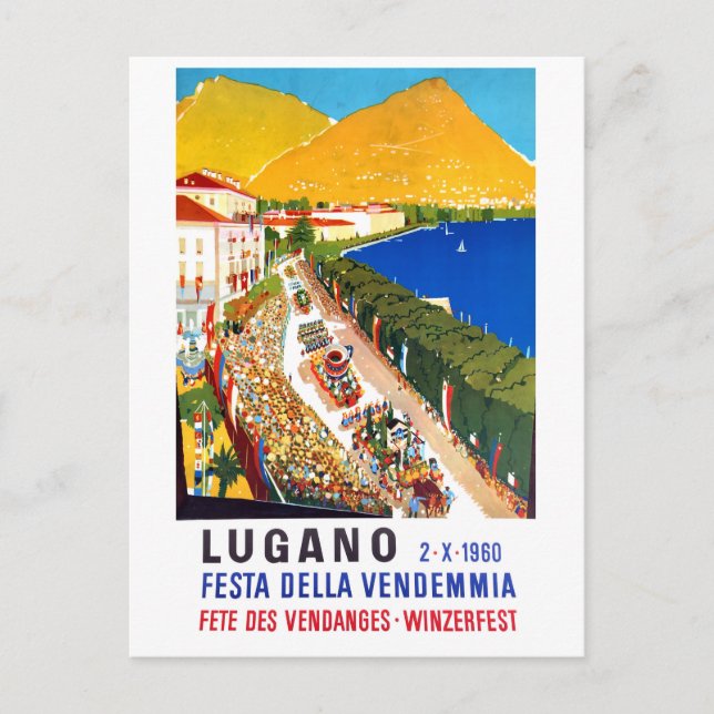 Postal Lugano, vista aérea. La gente se congrega en el fe (Anverso)