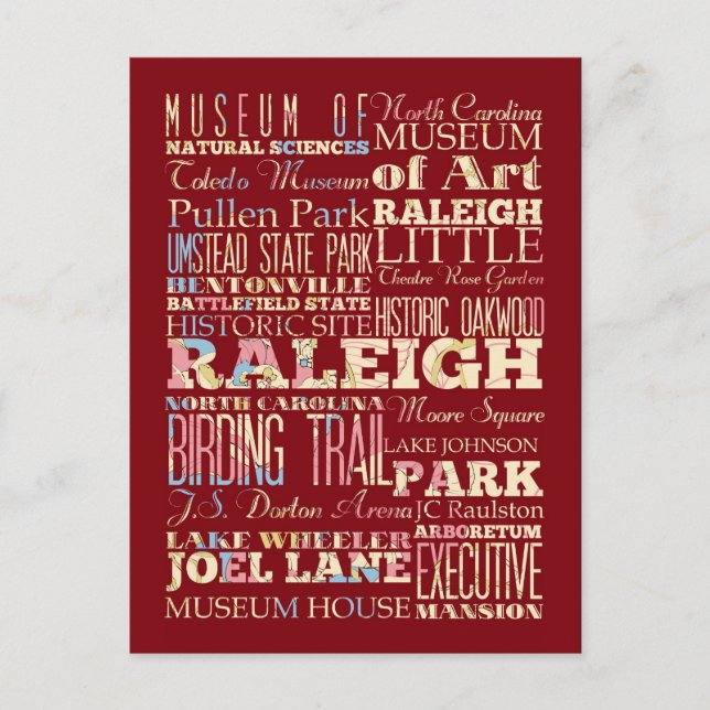 Postal Lugares famosos de Raleigh, Carolina del Norte. (Anverso)