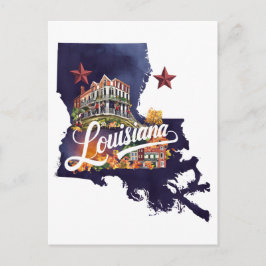 Postal Luisiana USA Estado Forma Acuarela Vintage