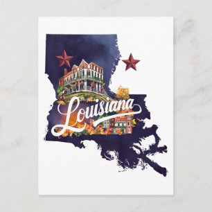 Postal Luisiana USA Estado Forma Acuarela Vintage