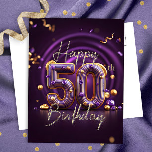 Postal Lujo Glam Púrpura y Dorado 50 Cumpleaños