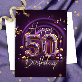 Postal Lujo Glam Púrpura y Dorado Cumpleaños 50