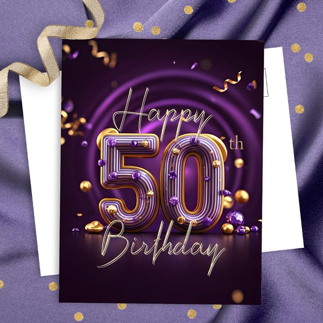 Postal Lujo Glam Púrpura y Dorado Cumpleaños 50 (Subido por el creador)