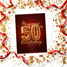 Postal Lujoso Cumpleaños 50 con Oro y Piedras Preciosas R