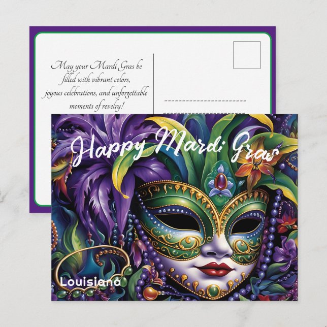 Postal 💚 💜 lujoso Mardi Gras (Anverso / Reverso)