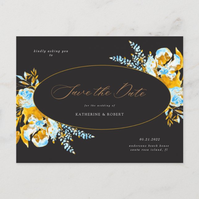 Postal lujoso oro turquesa floral salva la fecha (Anverso)