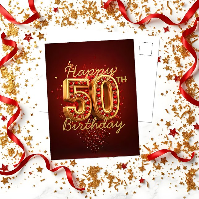 Postal Lujoso oro y Gemstone rojo 50 cumpleaños (Subido por el creador)