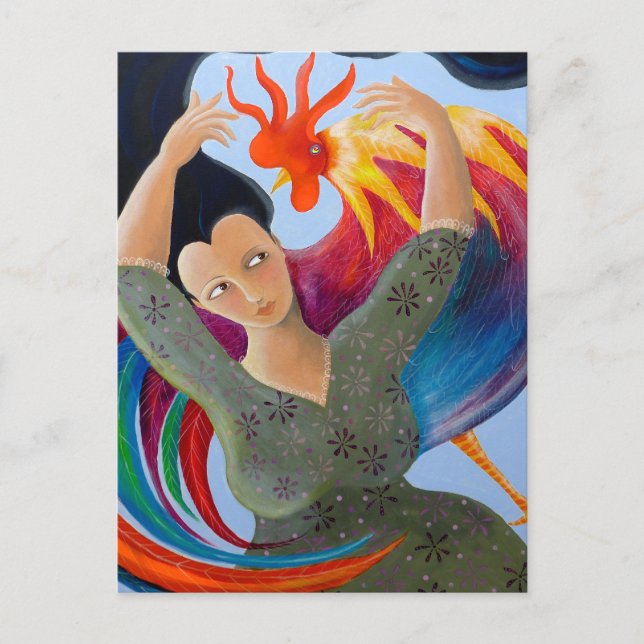 Postal Luminoso gallo colorido y dama. (Anverso)