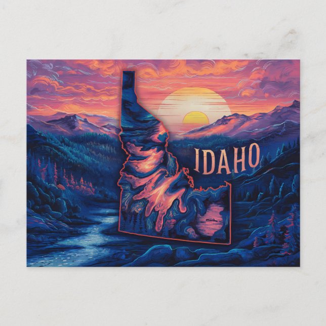 Postal Luminoso paisaje de Idaho, vibrante mapa de arte (Anverso)