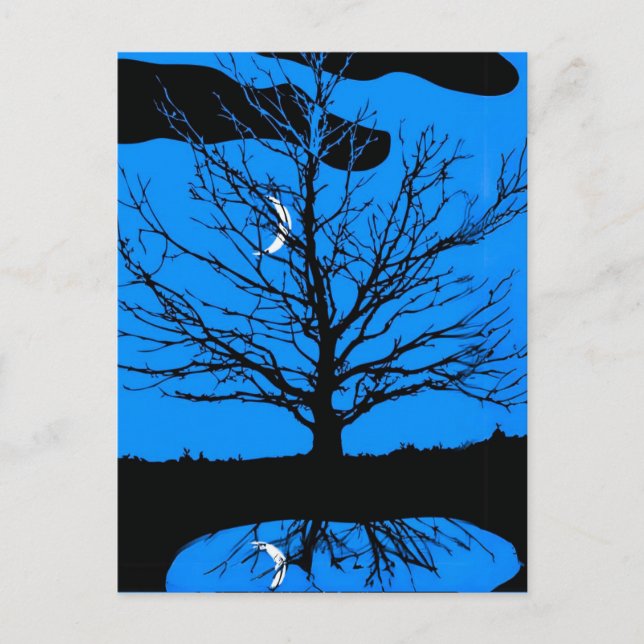 Postal Luna con árbol, azul cobalto, negro y blanco (Anverso)
