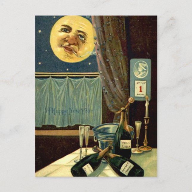 Postal Luna de Año Nuevo soñolienta después de la fiesta (Anverso)