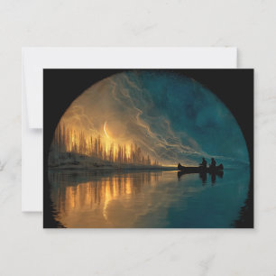 Postal Luna de canoa y de media luna en un lago