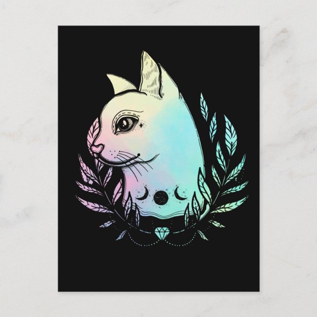 Postal Luna de gato Kawaii brujería Pastel Gótico Gatito  (Anverso)