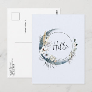 Postal Luna de la Media Luna Azul con flores blancas