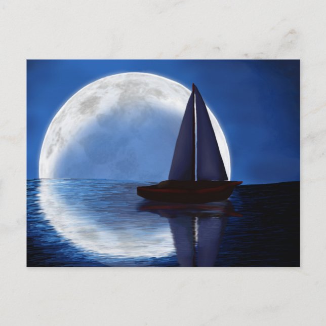 Postal Luna de marinero: velero a la luz de la luna~ post (Anverso)
