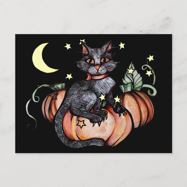 Postal Luna de parche de calabaza para gato negro (Anverso)