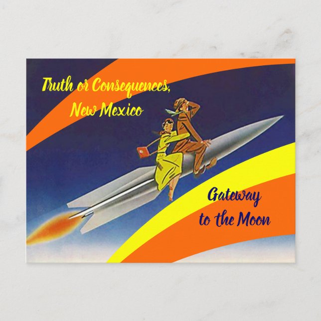 Postal Luna de paseo con cohetes retro Verdad o consecuen (Anverso)