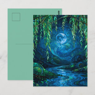Postal Luna de Sauce Sauce Fluyendo Río Verde Azul Noche