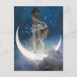 Postal Luna diosa en las estrellas que dispersan la noche