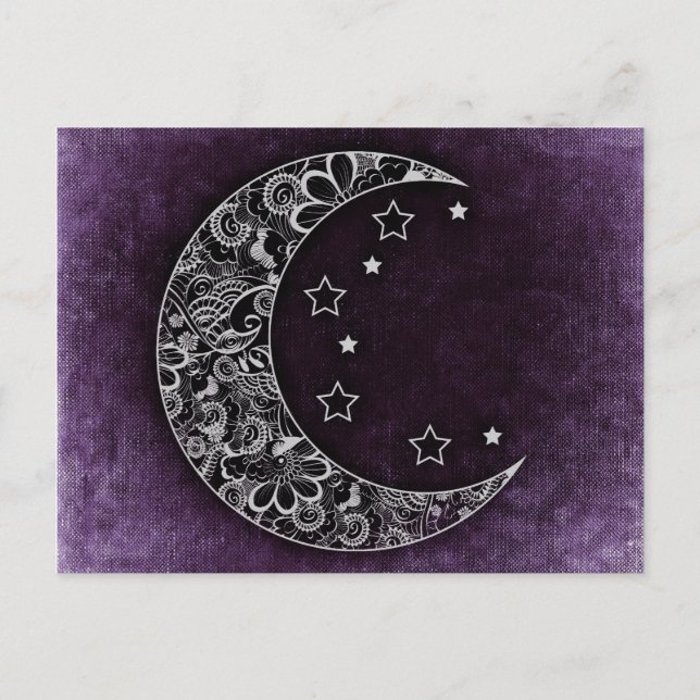 Postal Luna Dorada Floral Crescent y estrellas en morado (Anverso)