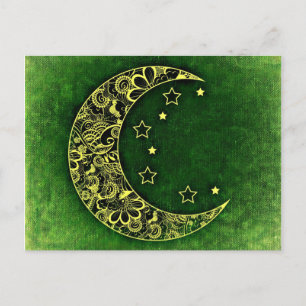 Postal Luna dorada floral de creciente luna y estrellas v