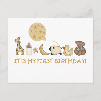 Postal Luna, estrellas y animales Primer cumpleaños