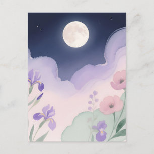 Postal Luna Llena Acuarela Iris Floral Noche