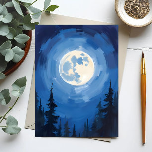 Postal Luna Llena   Pintura Acuarela Bosque Cielo Nocturn