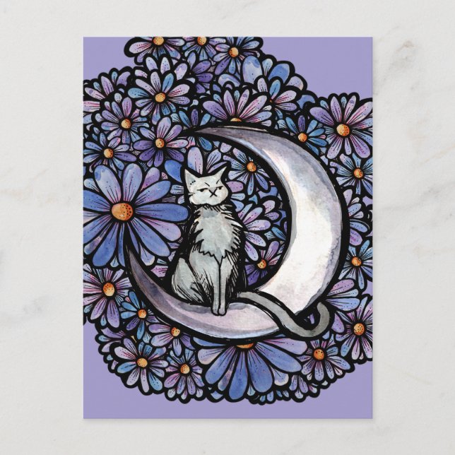 Postal Luna Moon Cat Purple Daisy                         (Anverso)