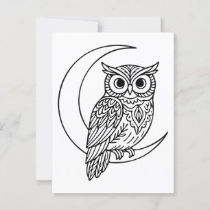 Postal Luna Owl Line Art con una luna creciente