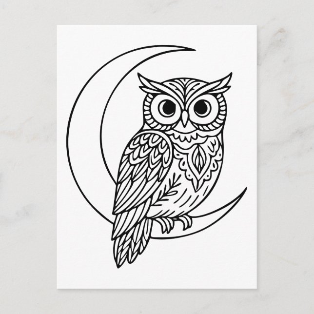 Postal Luna Owl Line Art con una luna creciente (Anverso)