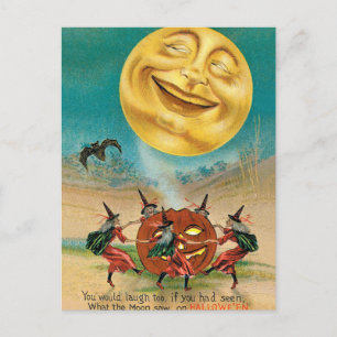 Postal Luna sonriente sobre brujas bailarinas