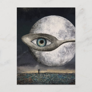 Postal Luna y cuchara surrealistas con collage de globo o