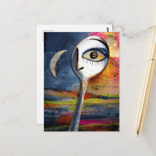 Postal Luna y cuchara surrealistas con collage de rostro