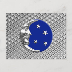 Postal Luna y estrellas Art Deco - Azul cobalto y Plata