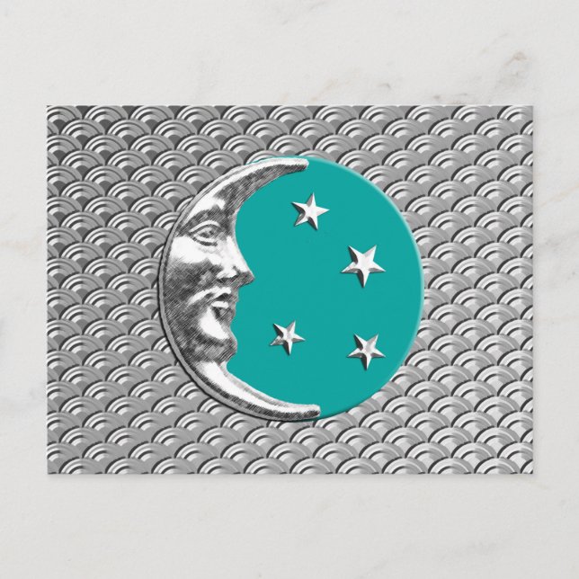 Postal Luna y estrellas Art Deco - Turquesa y Plata (Anverso)