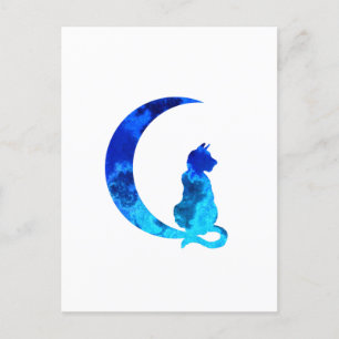 Postal Luna y Gato de la Media Luna Azul