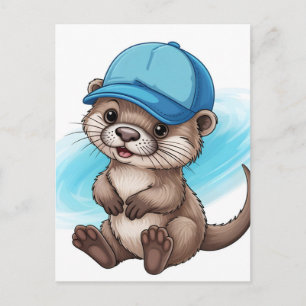 Postal Lutra de dibujos animados linda que lleva una gorr