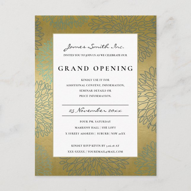POSTAL LUX BLUE GOLD DAHLIA FLORAL GRAND OPENING INVITE (Anverso)