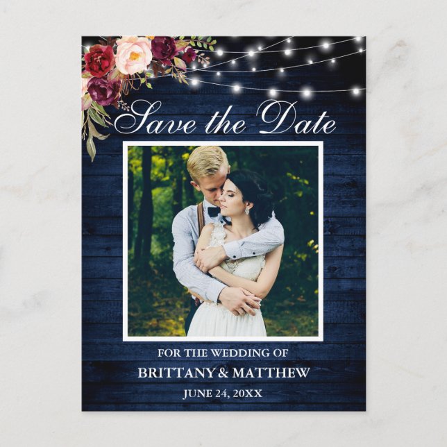 Postal Luz de madera azul Floral de Borgoña Salven la fec (Anverso)