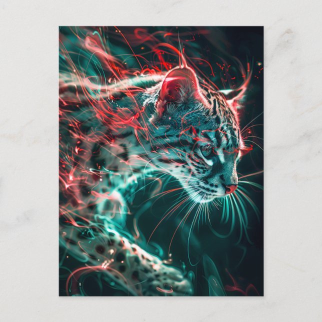 Postal Luz del gato del gato del neón rojo turquesa (Anverso)