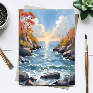 Postal Luz del sol del río de otoño paisaje acuarela