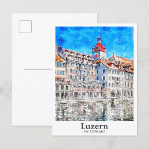 Postal Luzern Suiza Viaje Mano de color de agua de navega