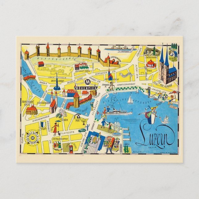 Postal Luzerne Suiza Colorful Map (Anverso)