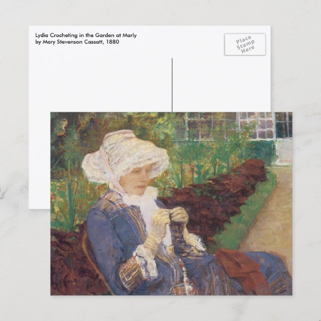 Postal Lydia tejiendo ganchillo en el jardín de Marly, Ma (Anverso / Reverso)