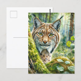 Postal Lynx en la exuberante acuarela del bosque verde