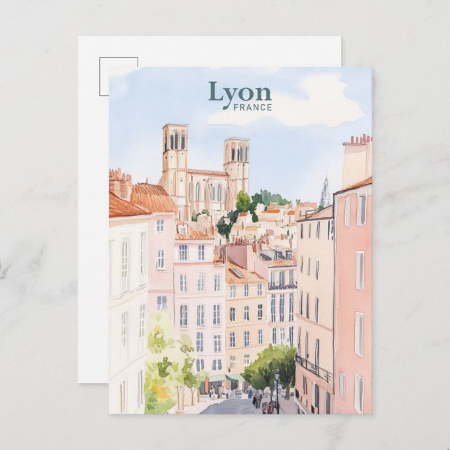 Postal Lyon France Gouache Paint Ilustracion Travel (Anverso / Reverso)
