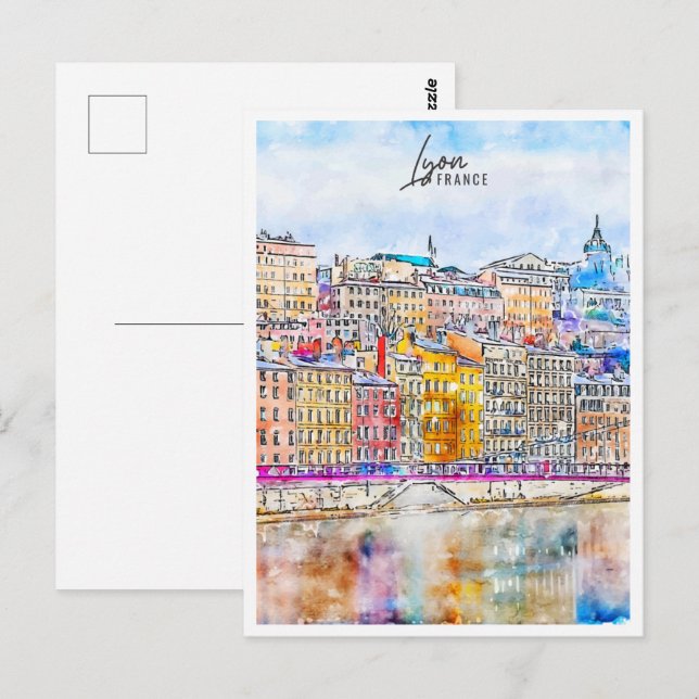 Postal Lyon France Travel Place Watercolor (Anverso / Reverso)