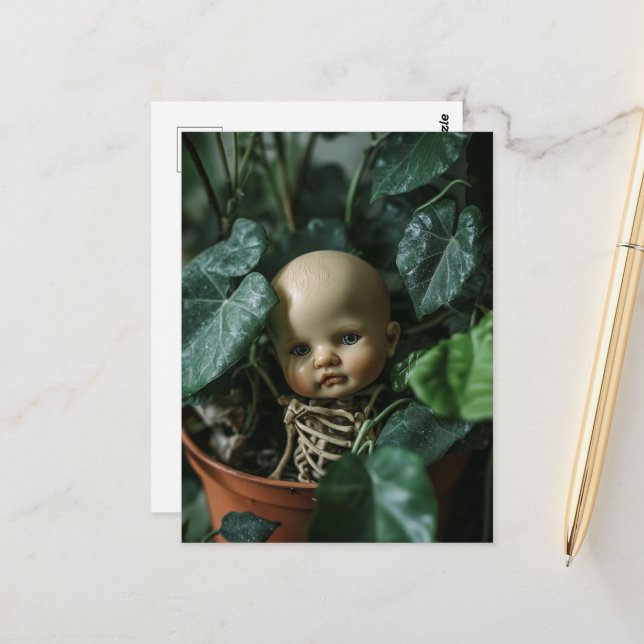 Postal Macabre Doll and Bones in a Plant (Anverso/Reverso In Situ)