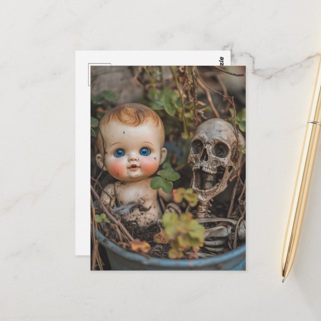 Postal Macabre Doll and Skeleton in a Plant (Anverso/Reverso In Situ)